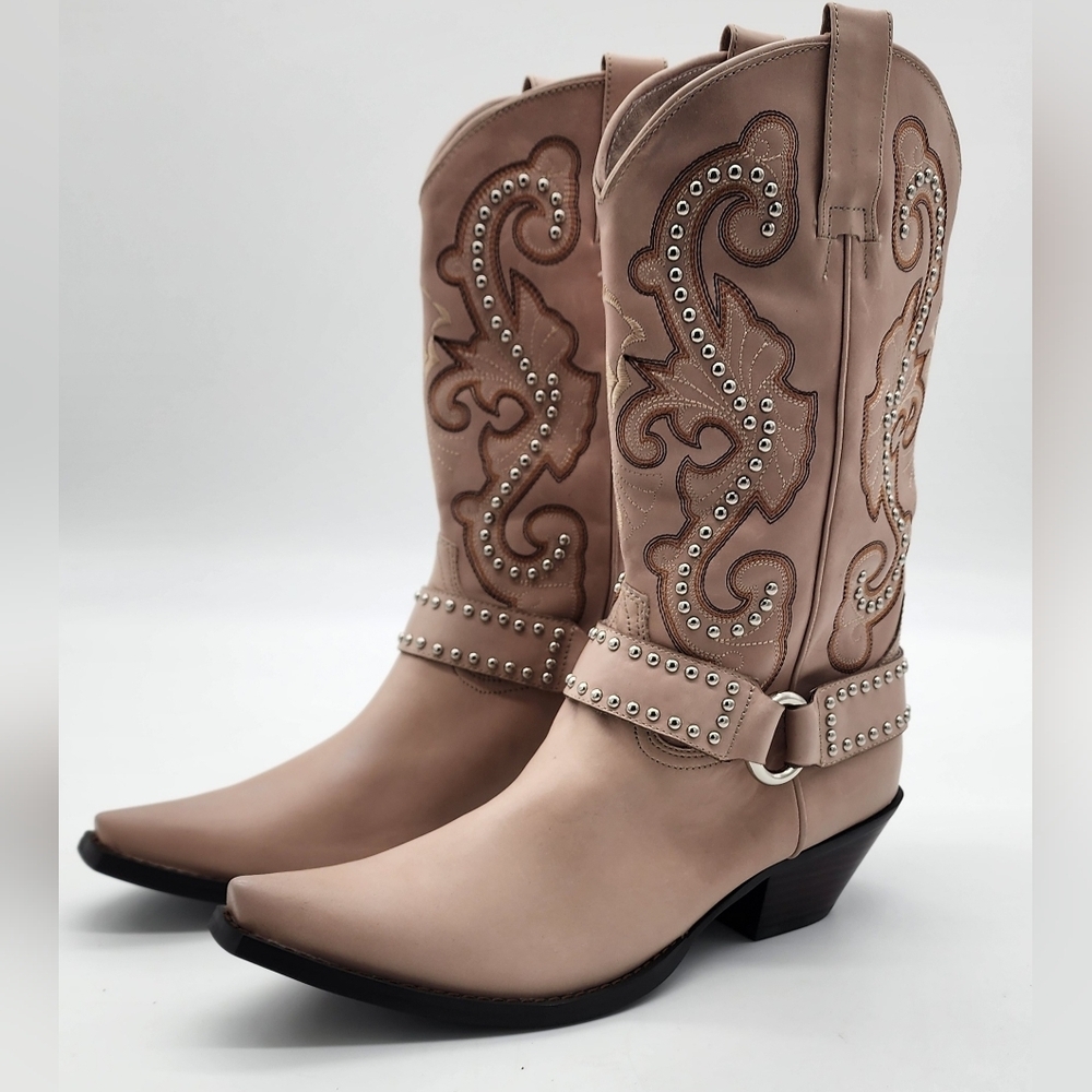 Jeffrey Campbell The Kid Western Studded Beige Block Heel Snip Toe Boot Size 9.5